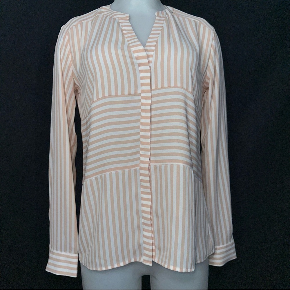 Woman's Pink and White Striped Dress Shirt With Hidden Buttons - Worthington